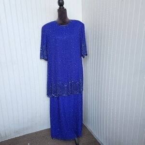 VTG BRILLIANTE BY JA Blue 100% Silk Chiffon AB Beaded Tiered Cocktail Dress 3X